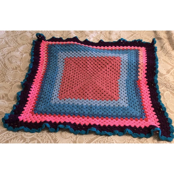 Afghan Handmade Multicolored Lap Throw Blanket Border Edge 35x37 - Picture 1 of 7